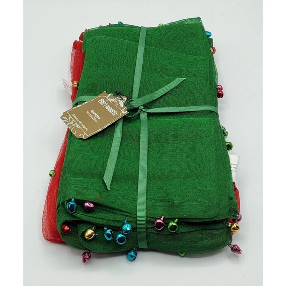 Pier 1 Red Green Sheer Napkins Set of 4 with Red Green Jingle Bells NWT - Picture 1 of 9